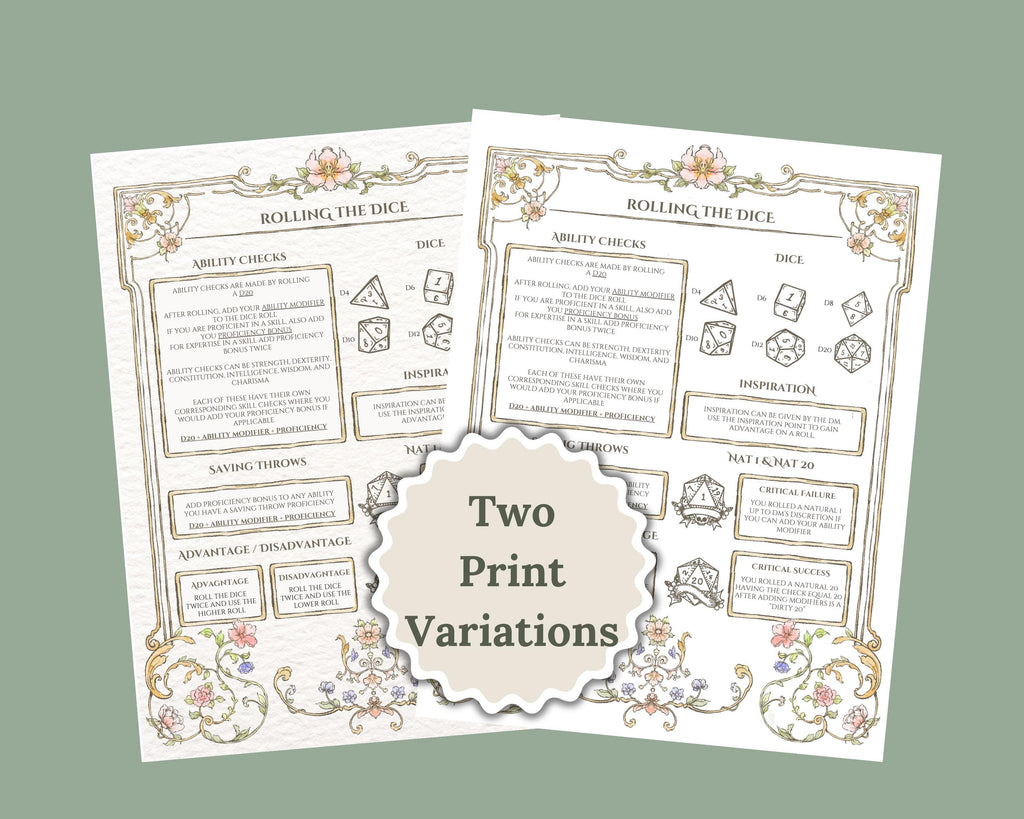 Two printed pages with dice rolling and game mechanics showing print variations