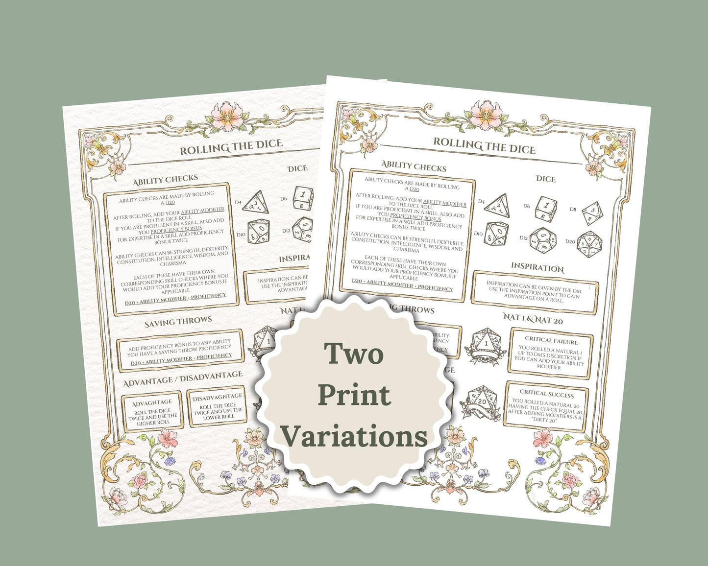 Two printed pages with dice rolling and game mechanics showing print variations