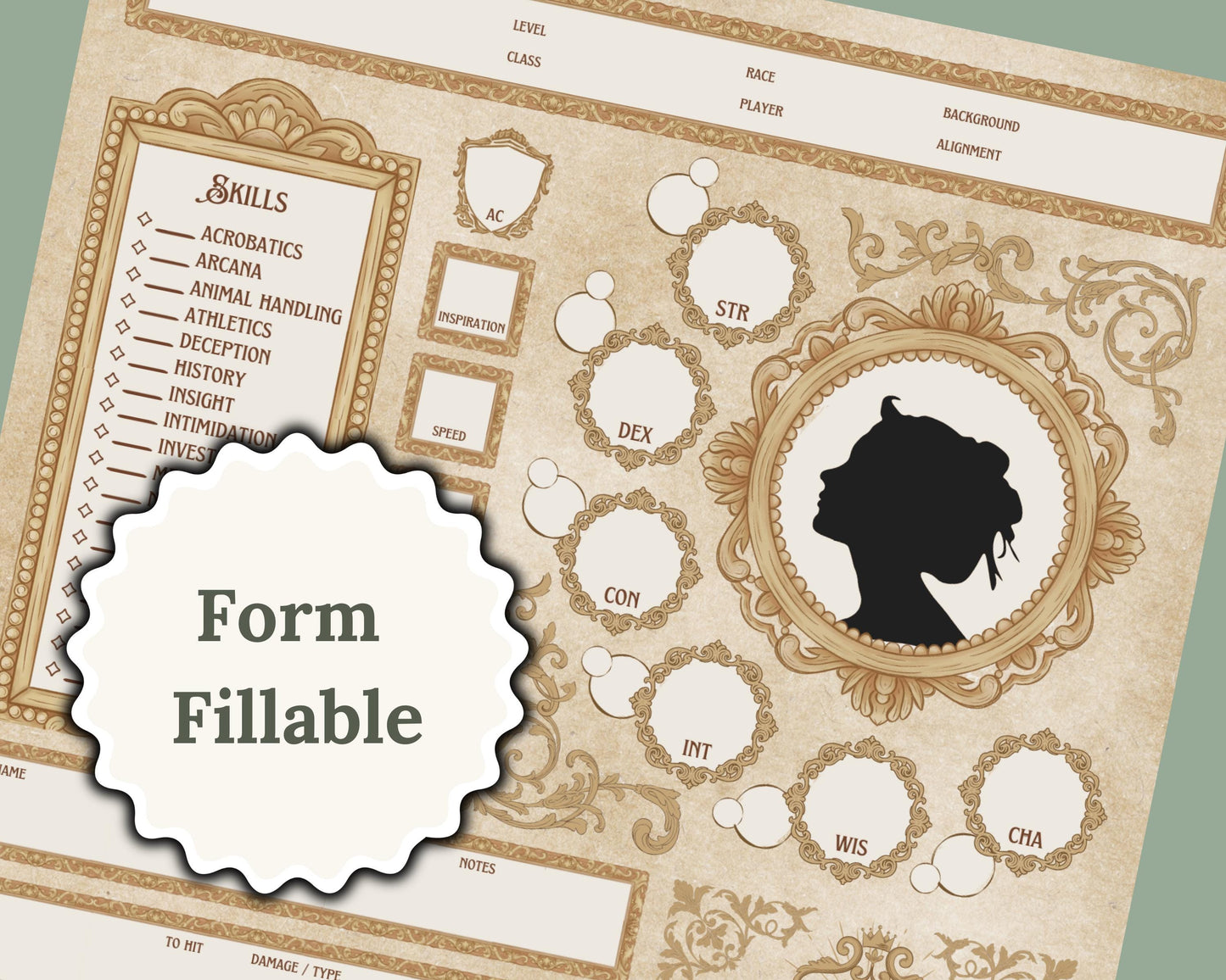 Zoomed in view of dnd character sheet with the label 'form fillable'