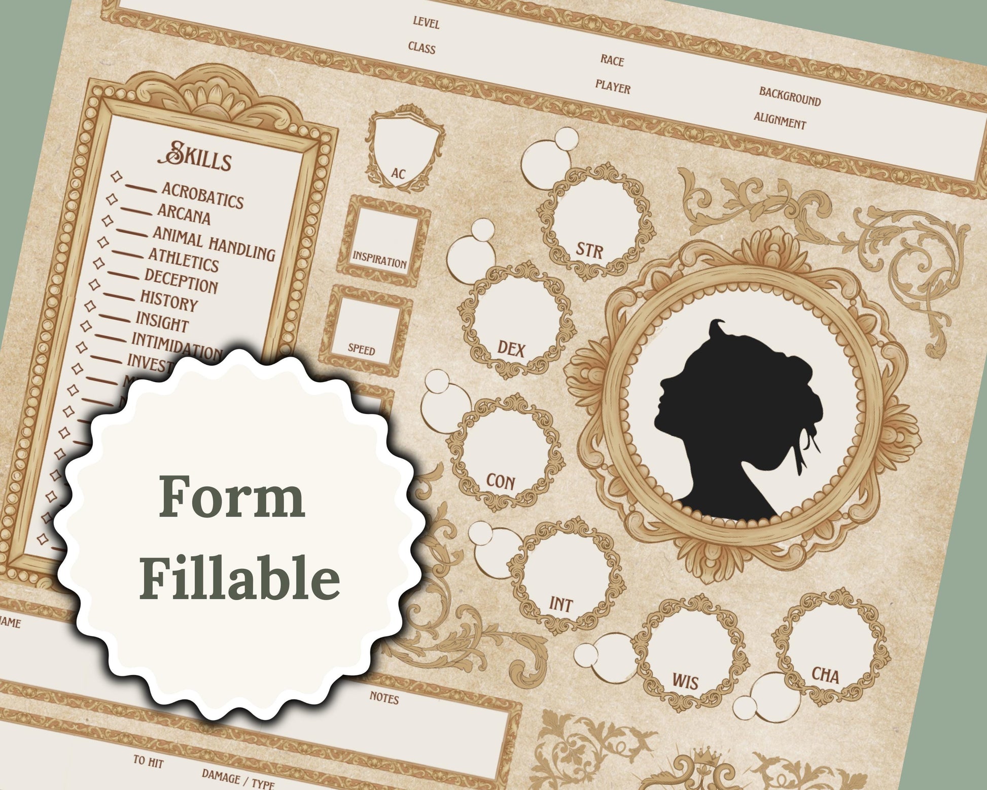 Zoomed in view of dnd character sheet with the label 'form fillable'