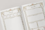 Two pages of a dnd inventory with decorative elements and sections for dnd items 