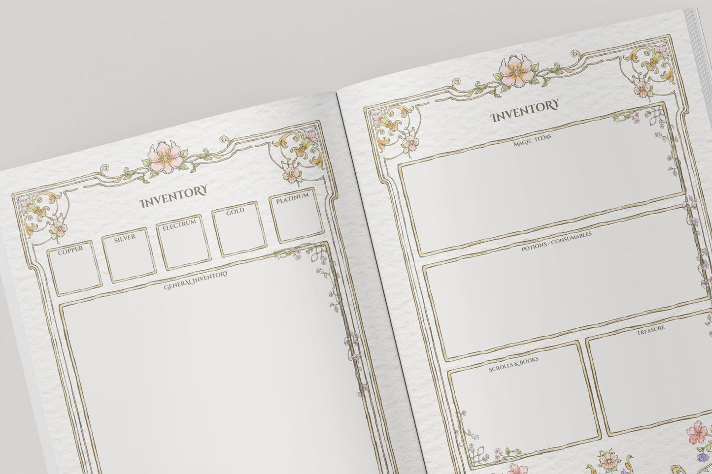 Two pages of a dnd inventory with decorative elements and sections for dnd items 