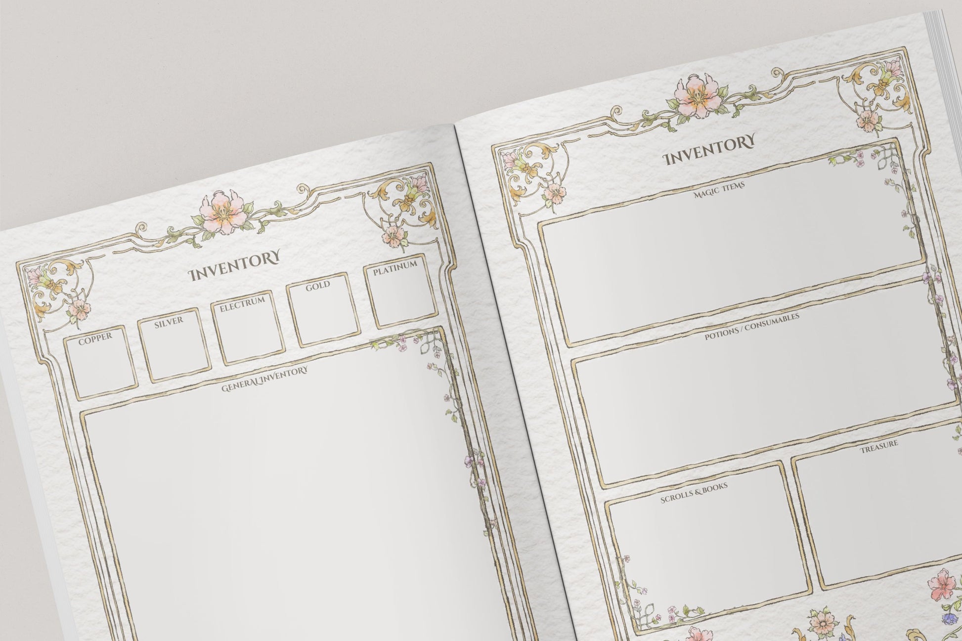 Two pages of a dnd inventory with decorative elements and sections for dnd items 