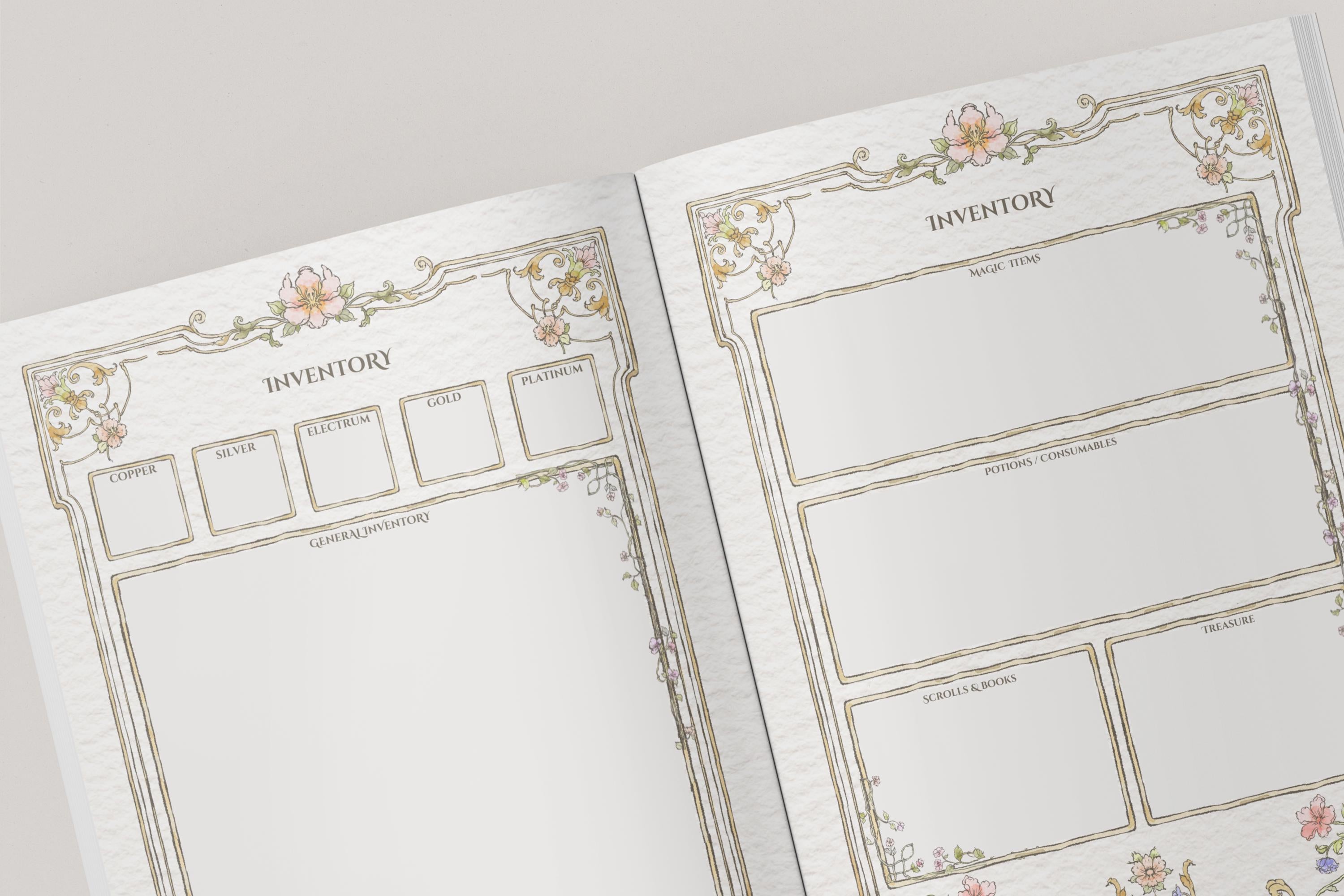 Two pages of a dnd inventory with decorative elements and sections for dnd items 