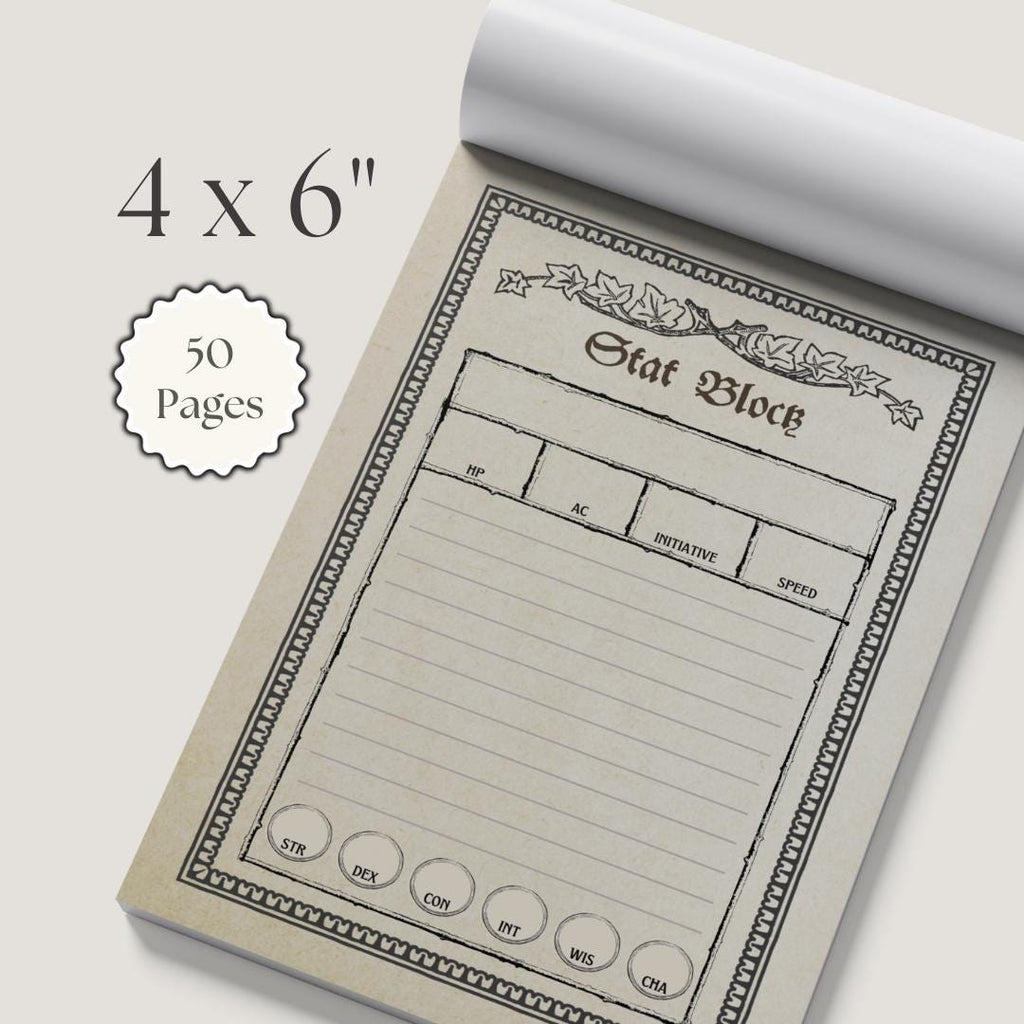 DnD notepad with pre-printed stat block template on a white background