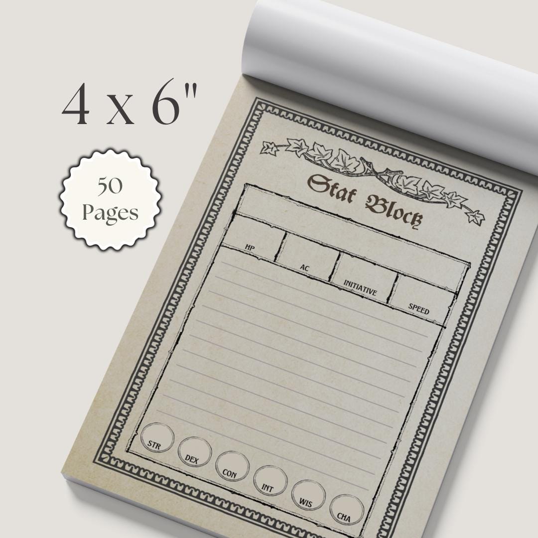 DnD notepad with pre-printed stat block template on a white background