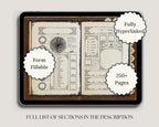 Digital dnd notebook with hyperlinks and fillable forms on a tablet screen