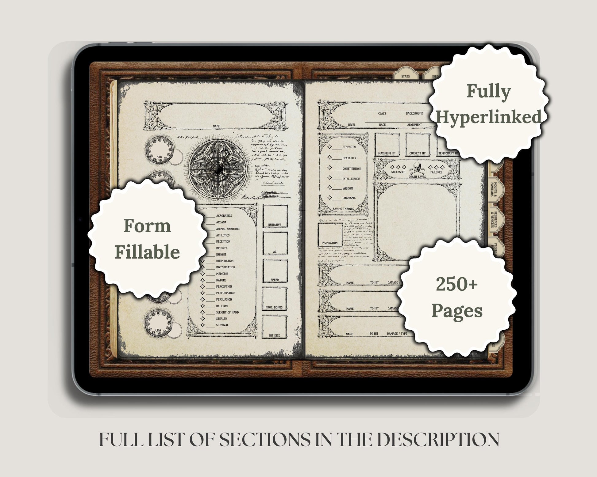 Digital dnd notebook with hyperlinks and fillable forms on a tablet screen