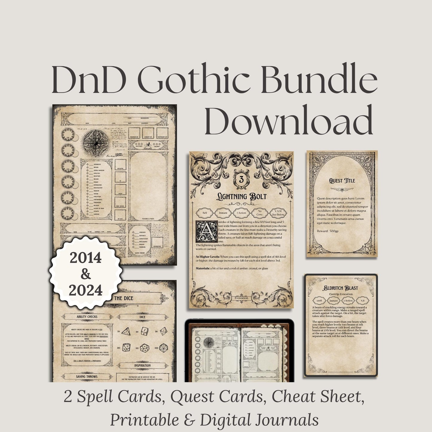 2014&2024 DnD Gothic Bundle Download with spell cards, quest cards, cheat sheet, and journals 