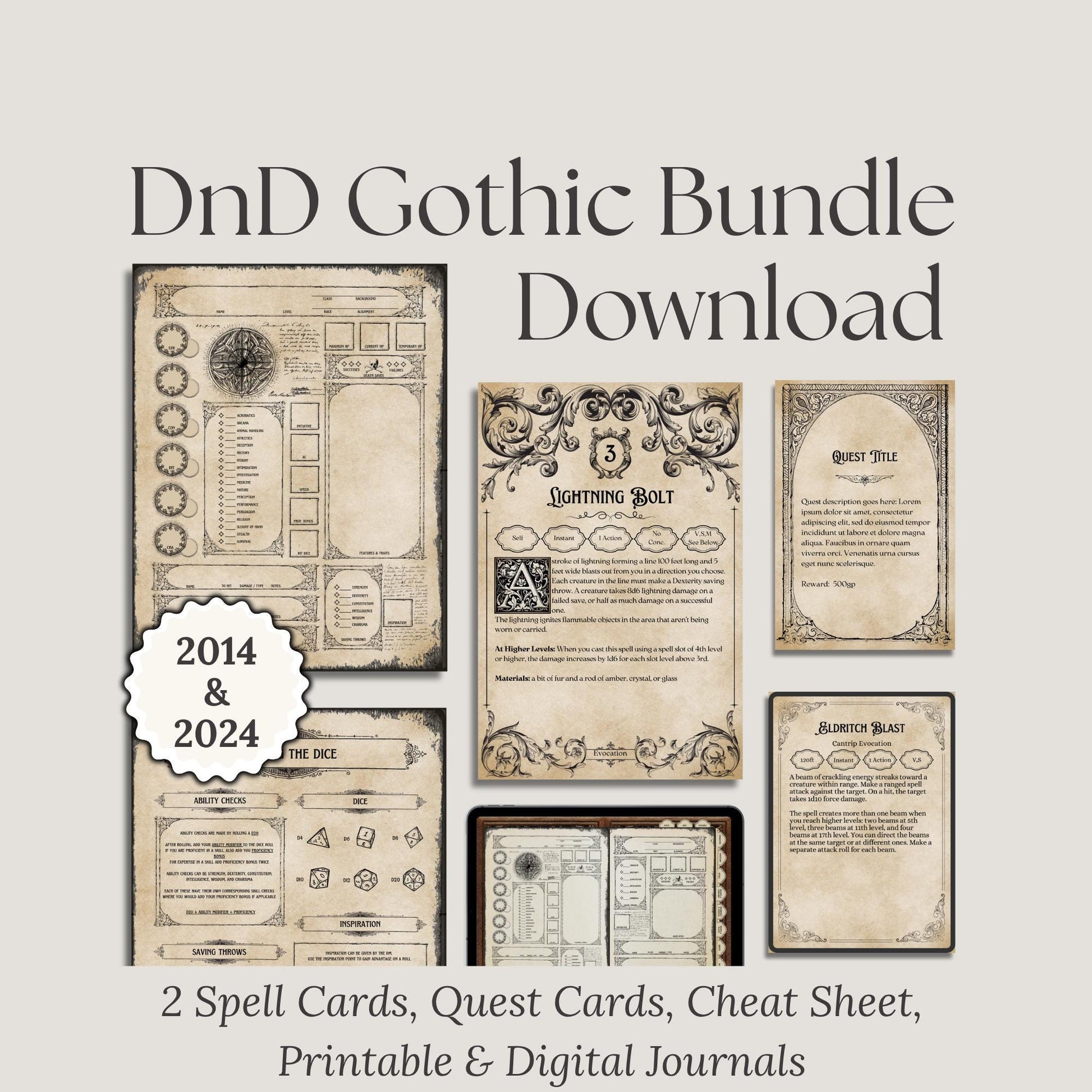 2014&2024 DnD Gothic Bundle Download with spell cards, quest cards, cheat sheet, and journals 