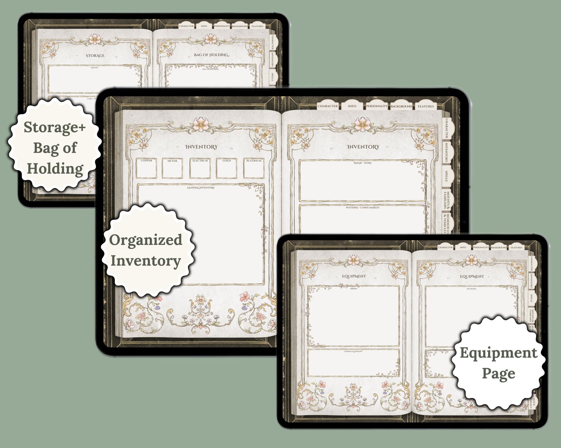 Previews of inventory pages with labels 'equipment page' 'organized inventory' 'storage + bag of holding '
