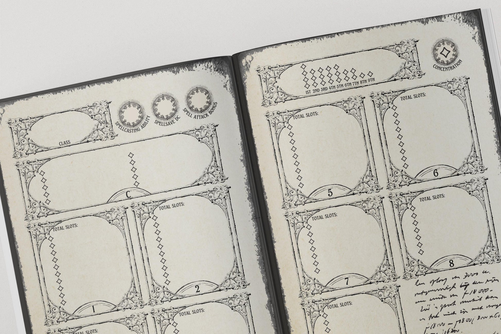 DnD spell slot tracker pages in a gothic style