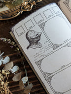 Open D&D character journal showing inventory, equipment, currency, and item tracking pages