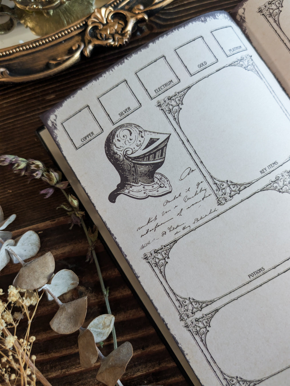 Open D&D character journal showing inventory, equipment, currency, and item tracking pages