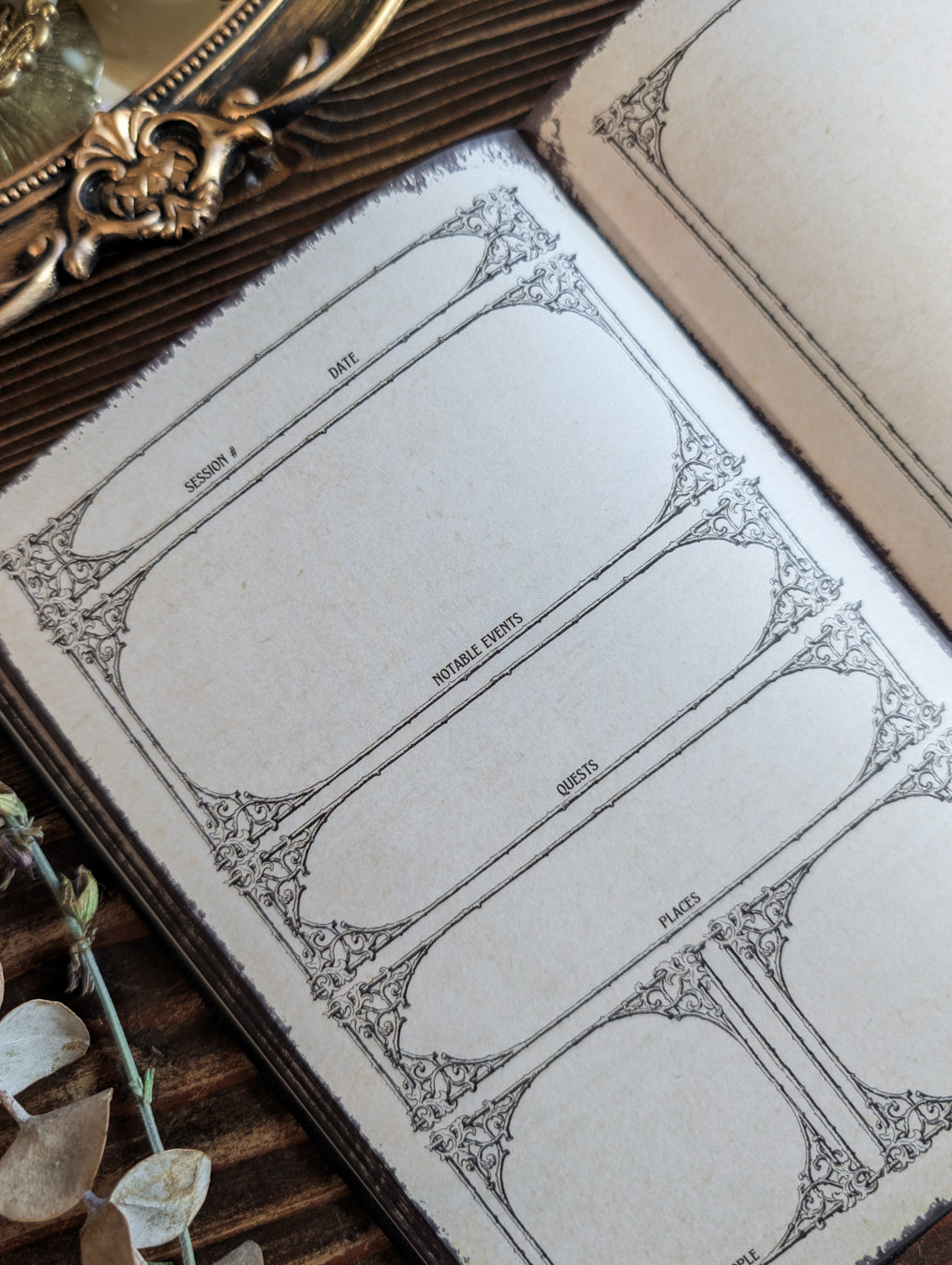 Dungeons & Dragons character journal session notes for tracking quests, events, locations, and campaign details
