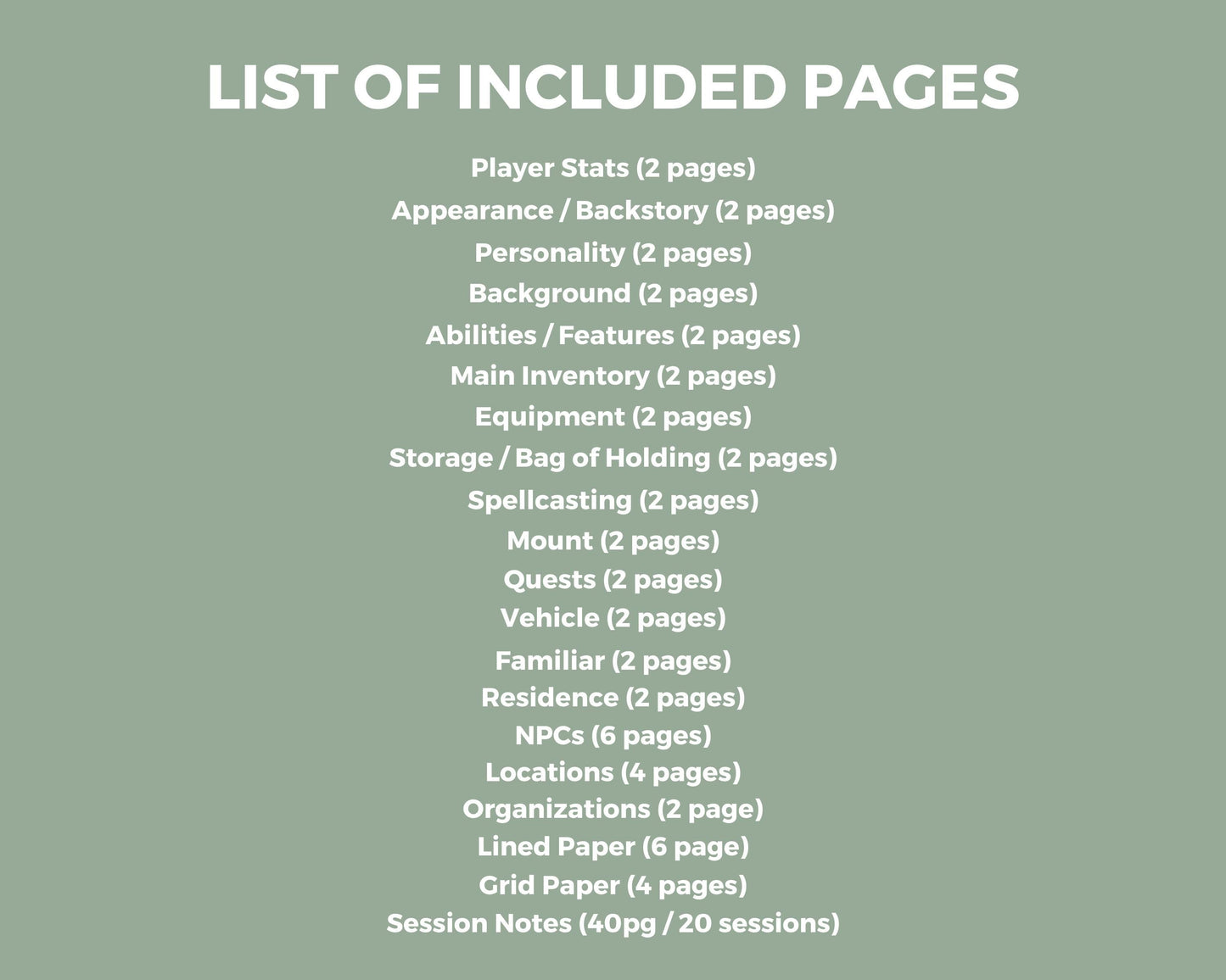 List of included pages for the dnd character journal