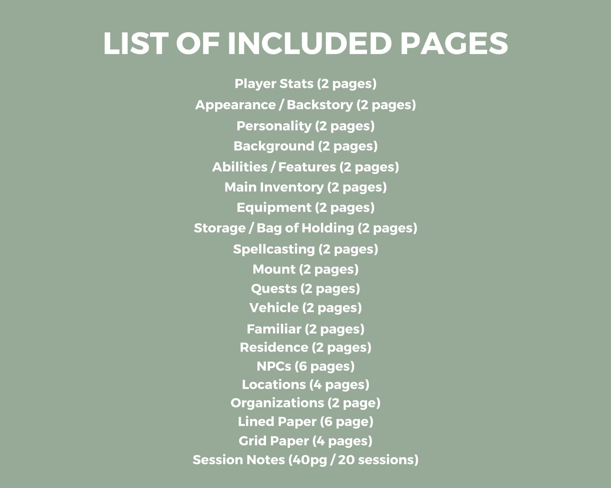 List of included pages for the dnd character journal