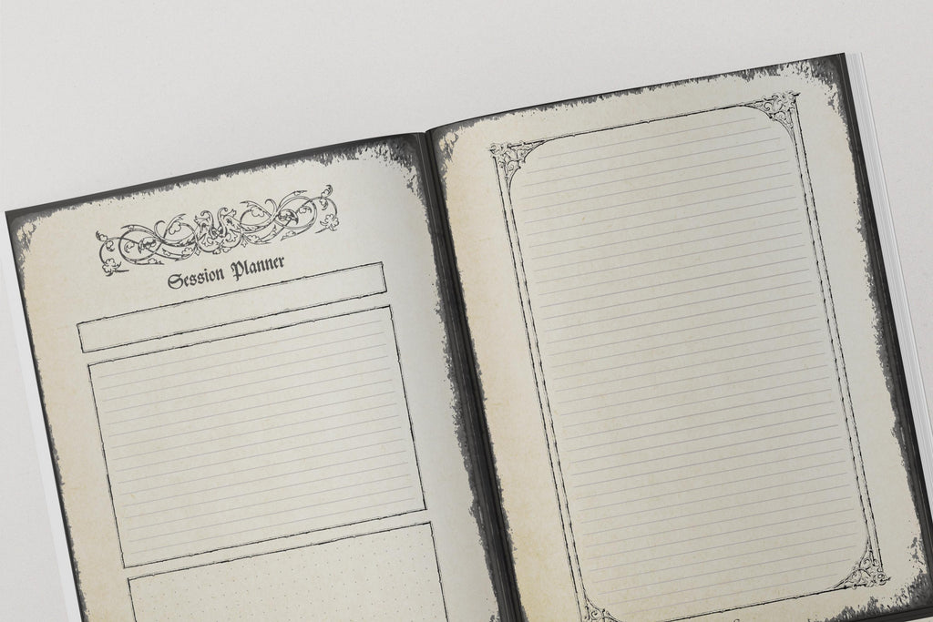 Open dnd notebook with session planner and lined pages