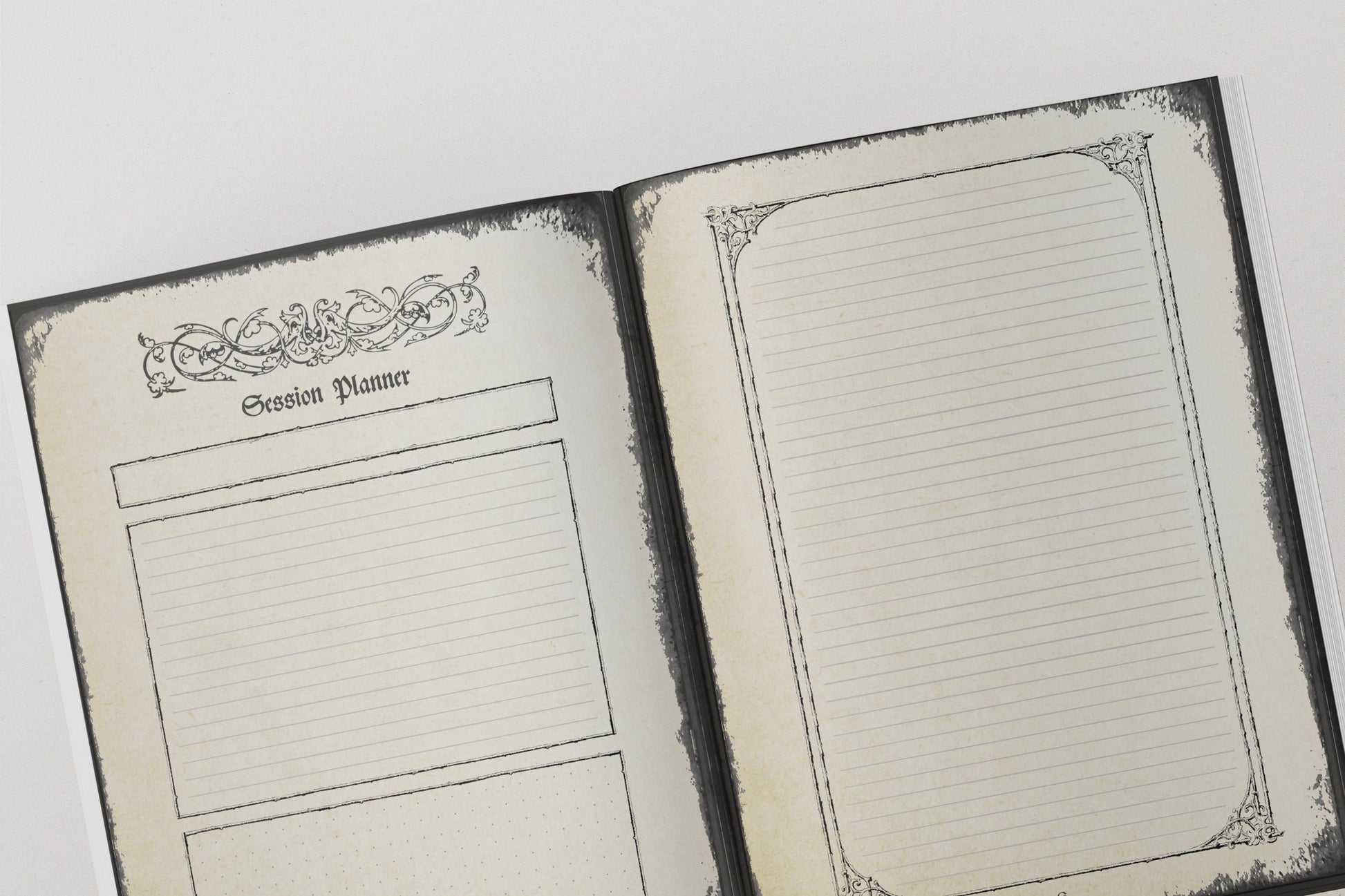Open dnd notebook with session planner and lined pages