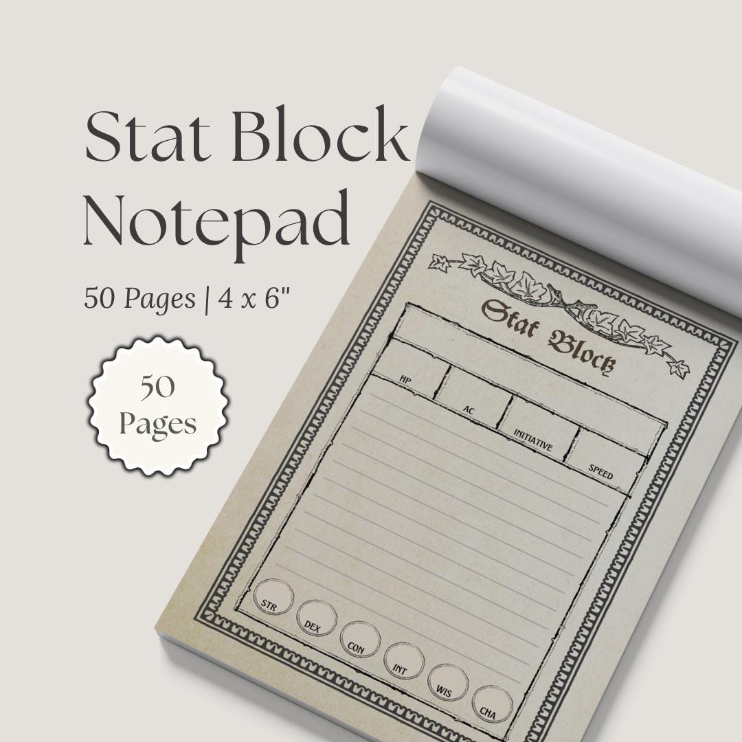 DnD Stat Block Notepad 4x6" 50 pages