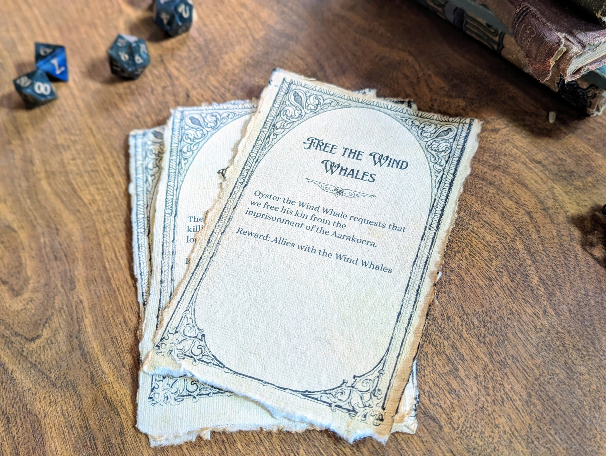 Ttrpg quest cards on aged paper lying on a table