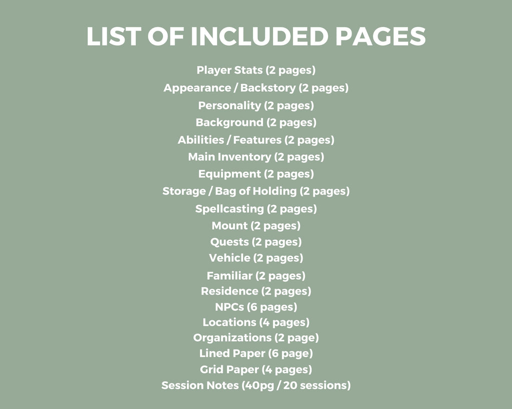 List of included pages for a dnd character journal