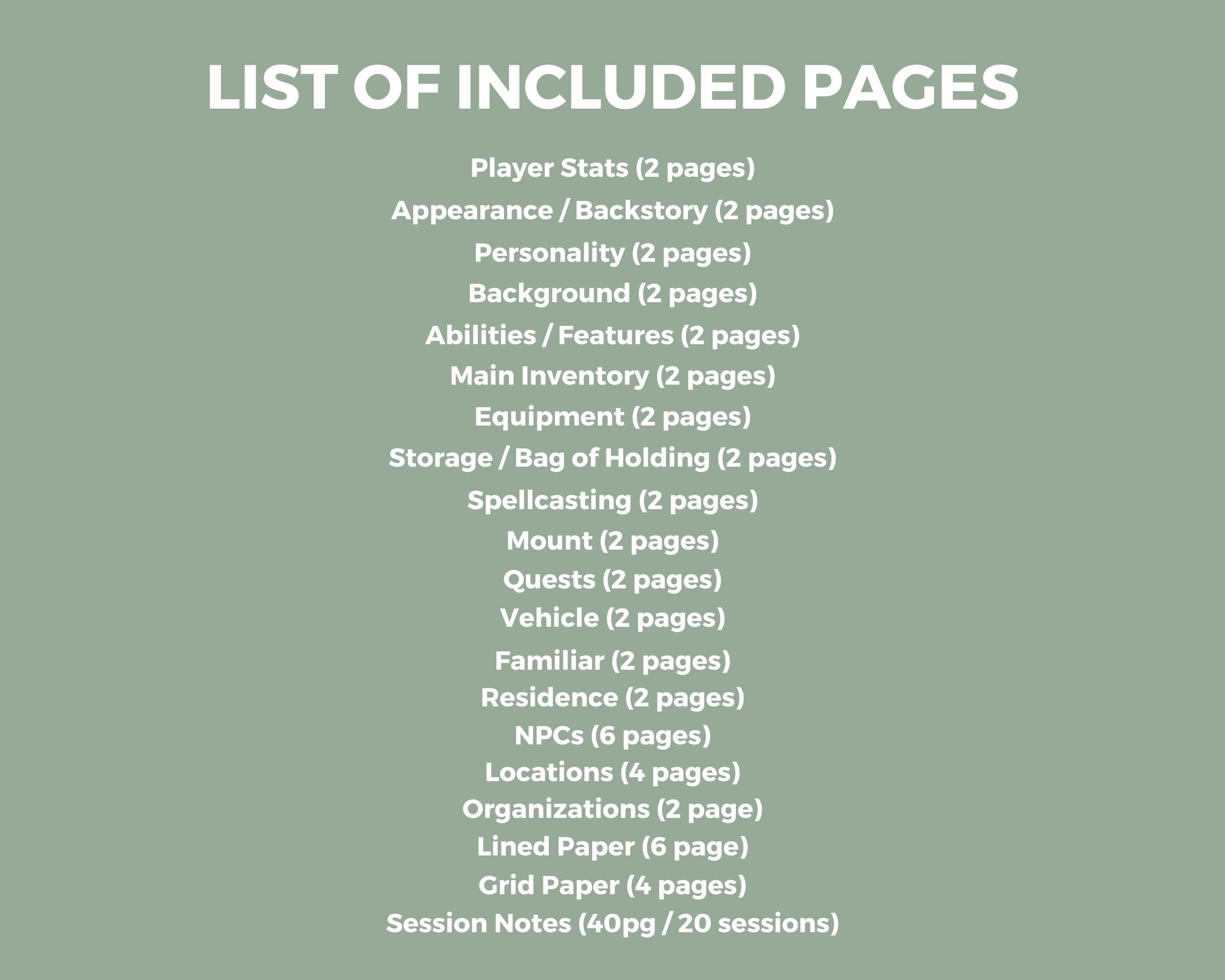 List of included pages for a dnd character journal