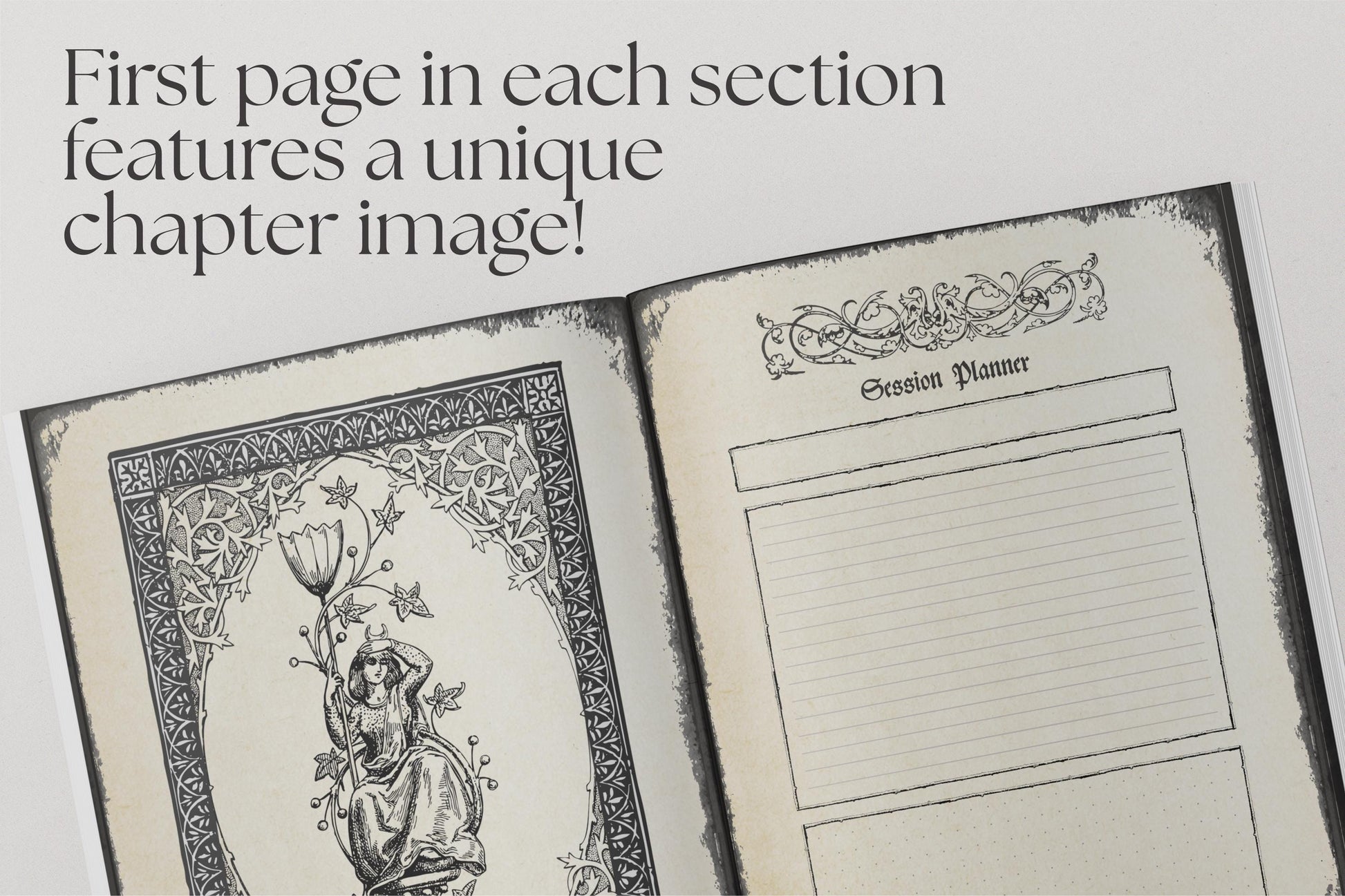 Open dnd notebook with decorative cover and planner pages