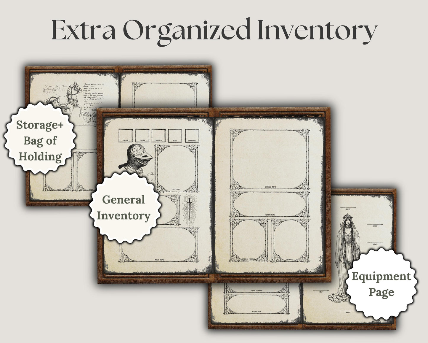 Set of dnd character sheet pages with labels for storage, holding, general inventory, and equipment