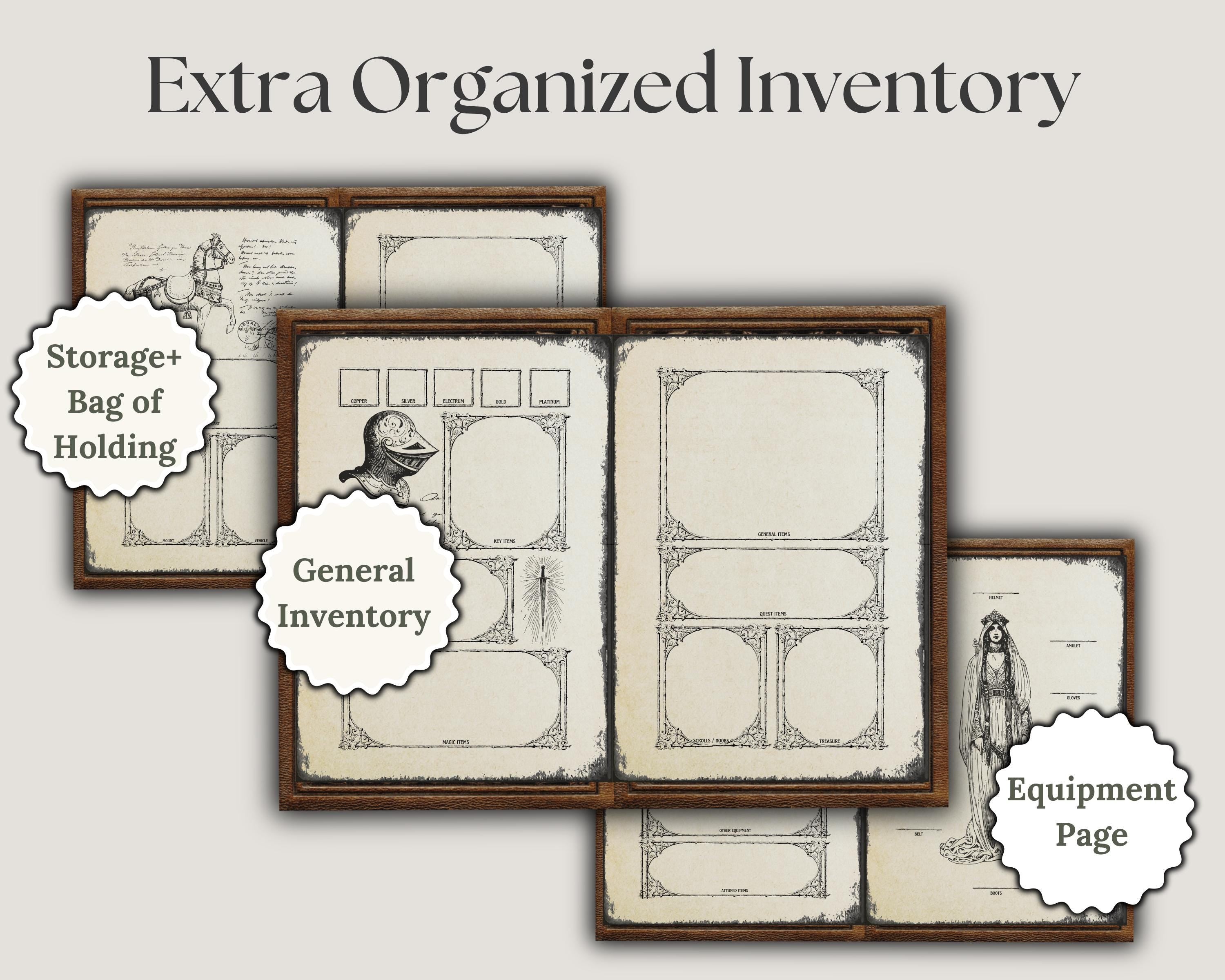 Set of dnd character sheet pages with labels for storage, holding, general inventory, and equipment