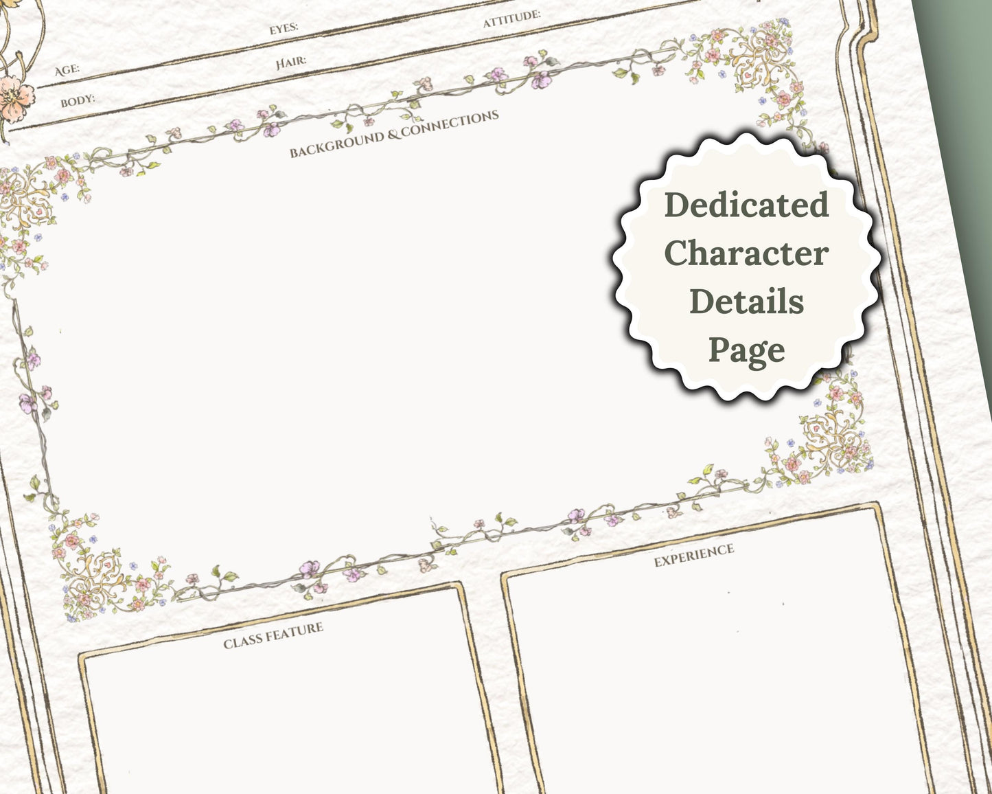Close up of Daggerheart Character sheet character section with label 'dedicated character details page'