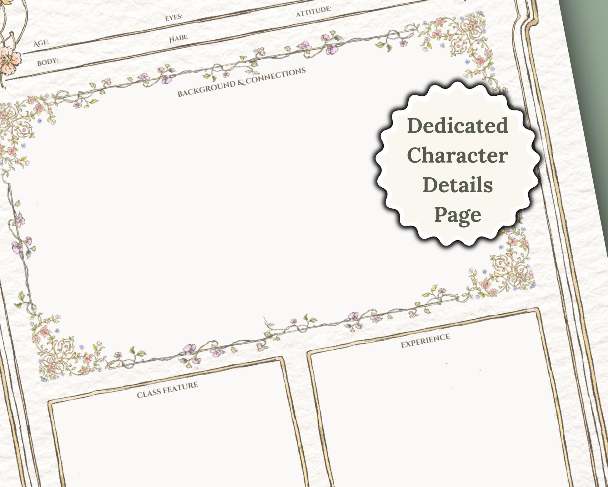 Close up of Daggerheart Character sheet character section with label 'dedicated character details page'
