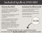 Informational text about DND SRD, included spells, and pre-filled spell templates on a gray background.