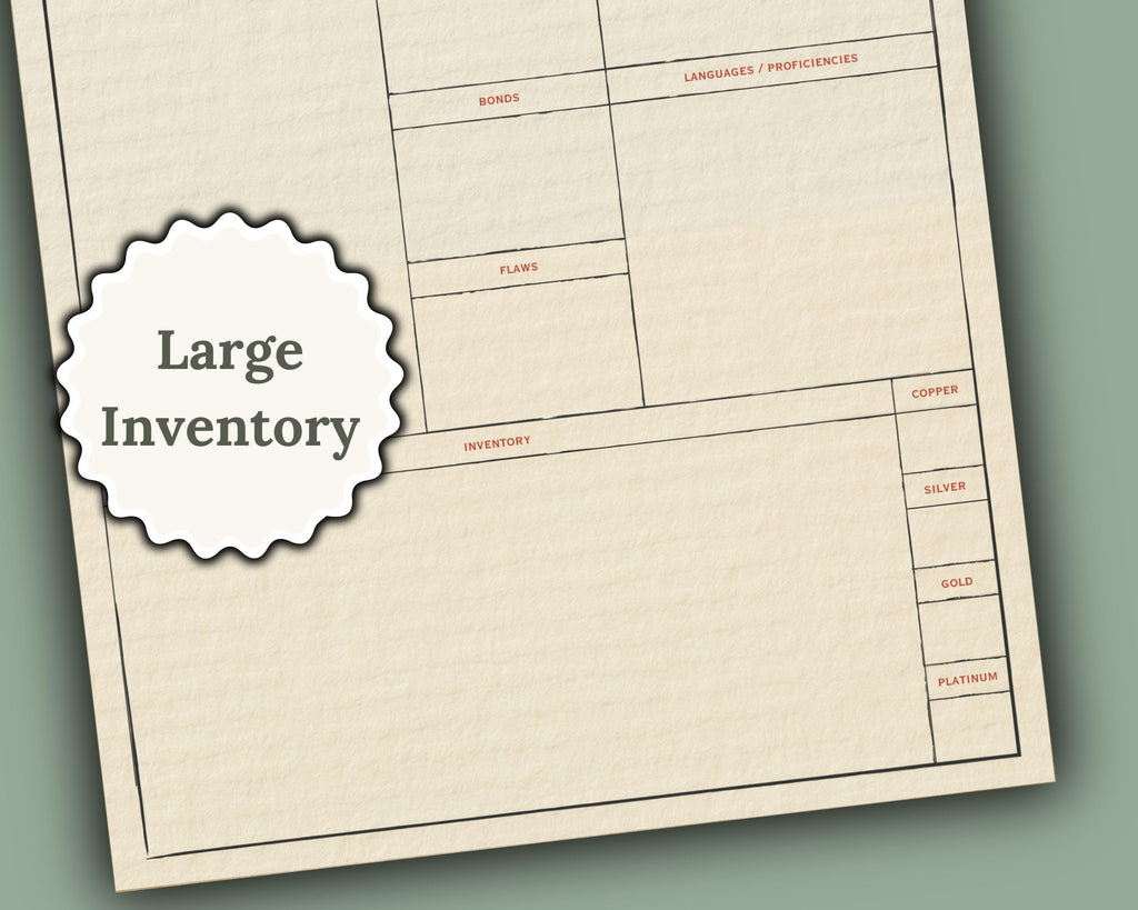 DnD Inventory sheet with text 'Large Inventory' on a textured background