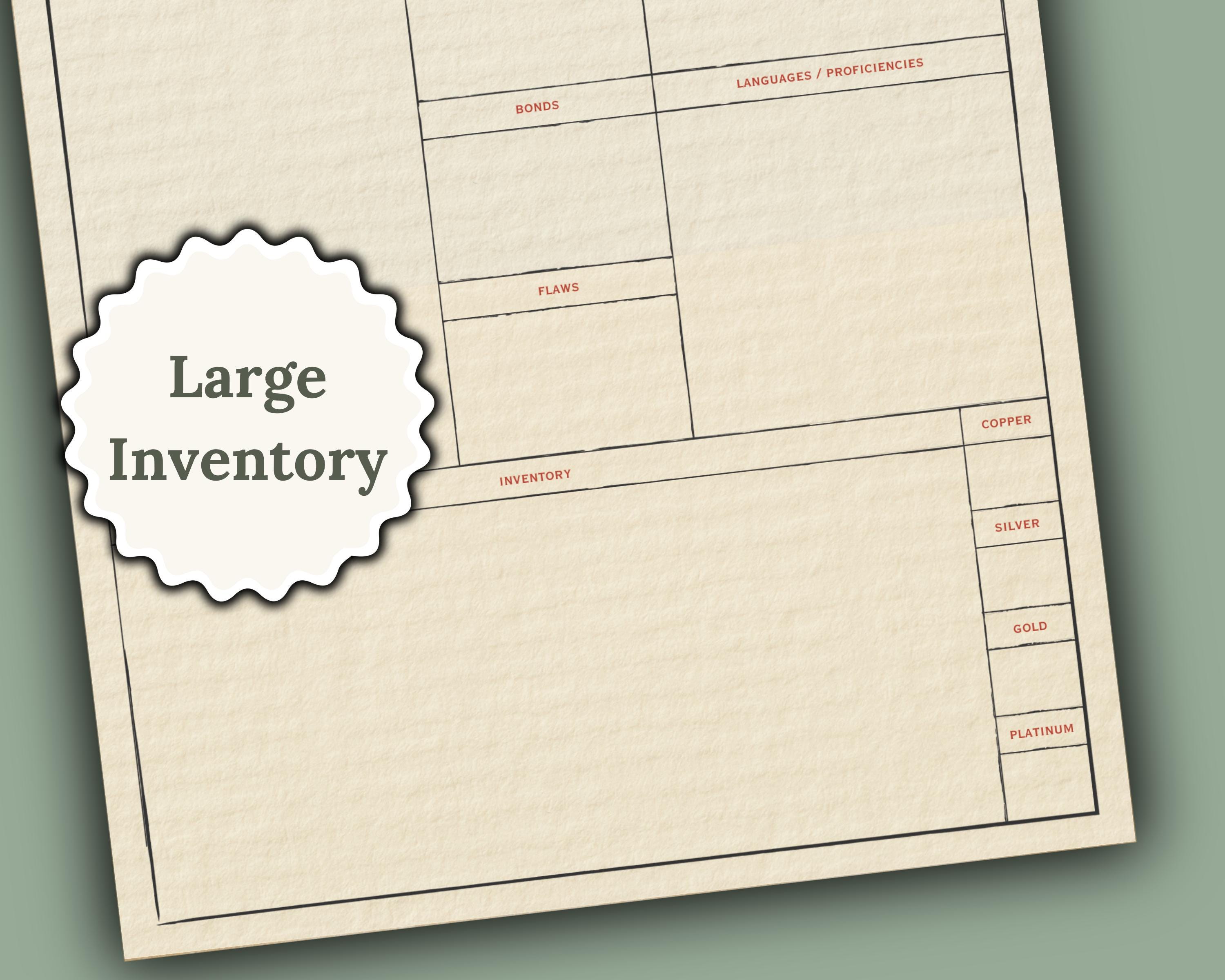 DnD Inventory sheet with text 'Large Inventory' on a textured background