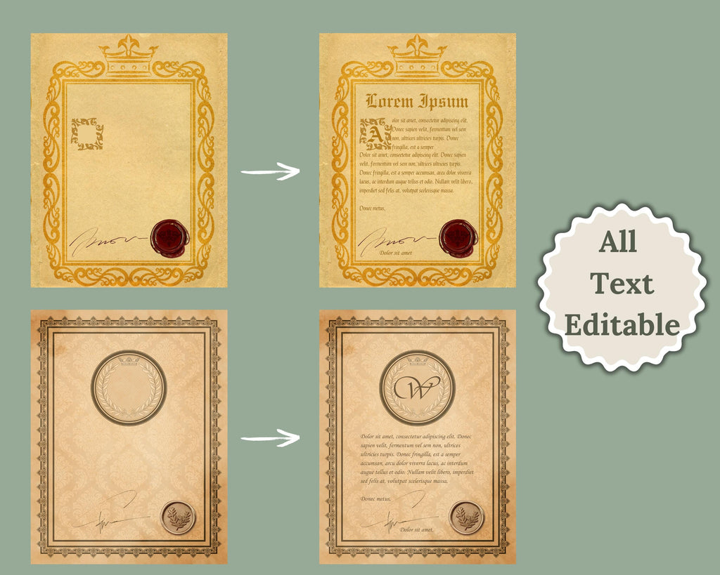 Four vintage-style letter templates with decorative elements 'all text editable'