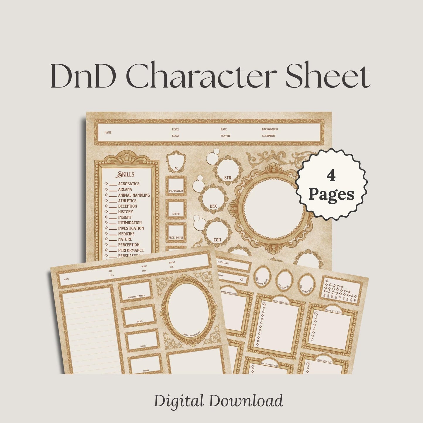 Digital download for 4 page Victorian dnd character sheet