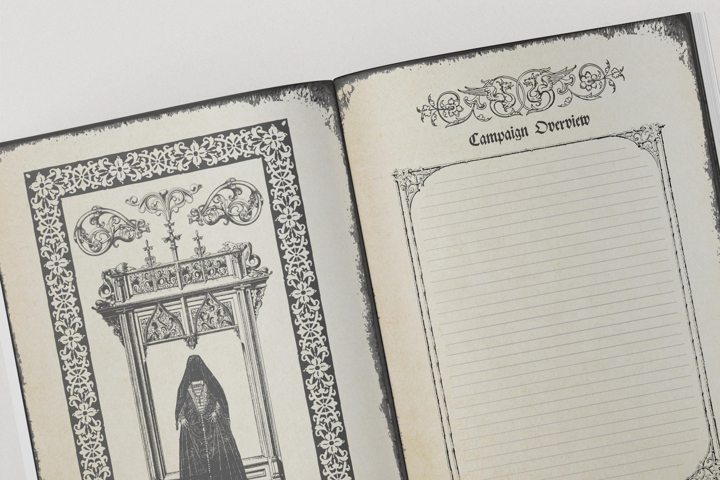 Two pages from a vintage-style dnd notebook with decorative borders and a section for campaign overview