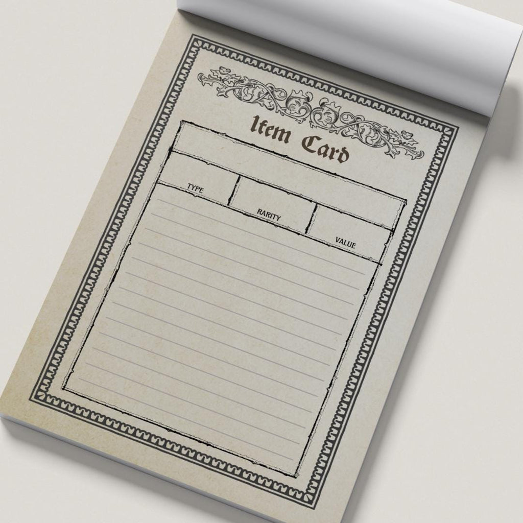 Notebook with a pre-printed 'Item Card' template on beige paper.