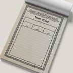Notebook with a pre-printed 'Item Card' template on beige paper.