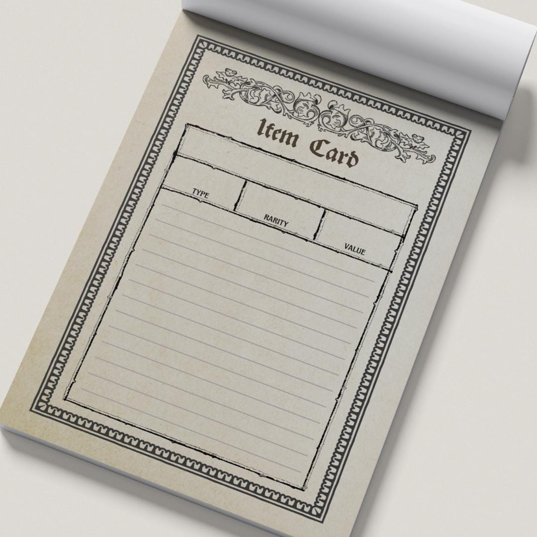 Notebook with a pre-printed 'Item Card' template on beige paper.