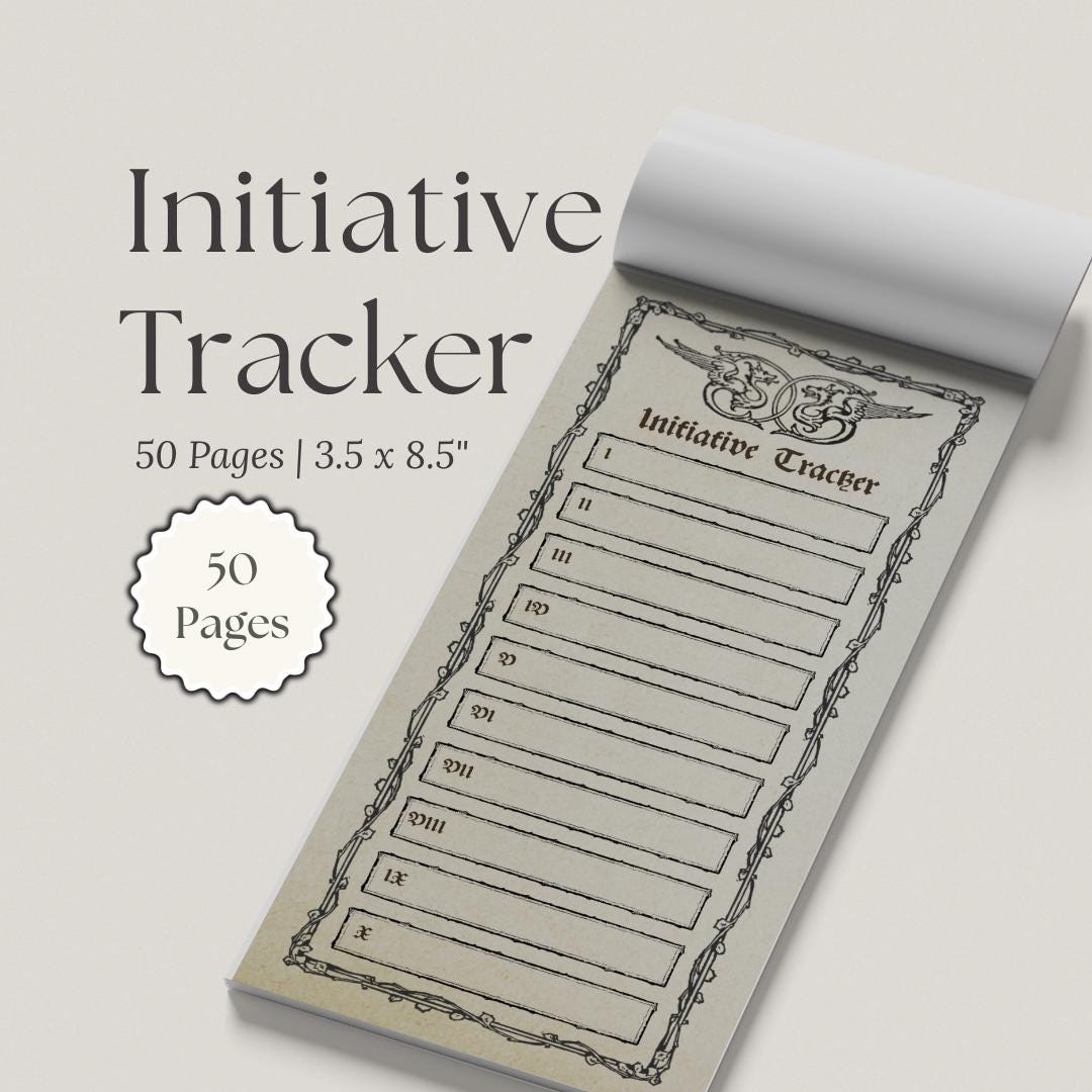 dnd Initiative Tracker notepad with decorative border '50 pages' 3.5x8.5"