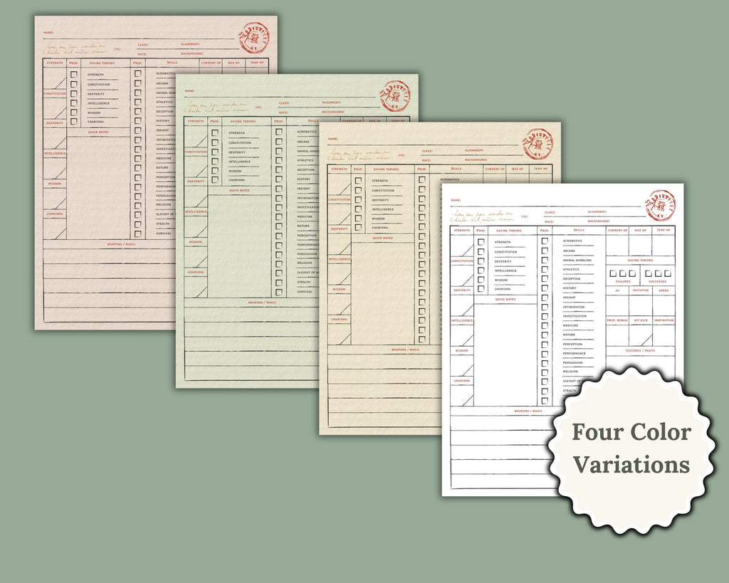 Four color variations for a vintage style dnd character sheet