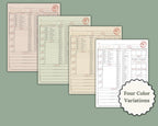 Four color variations for a vintage style dnd character sheet