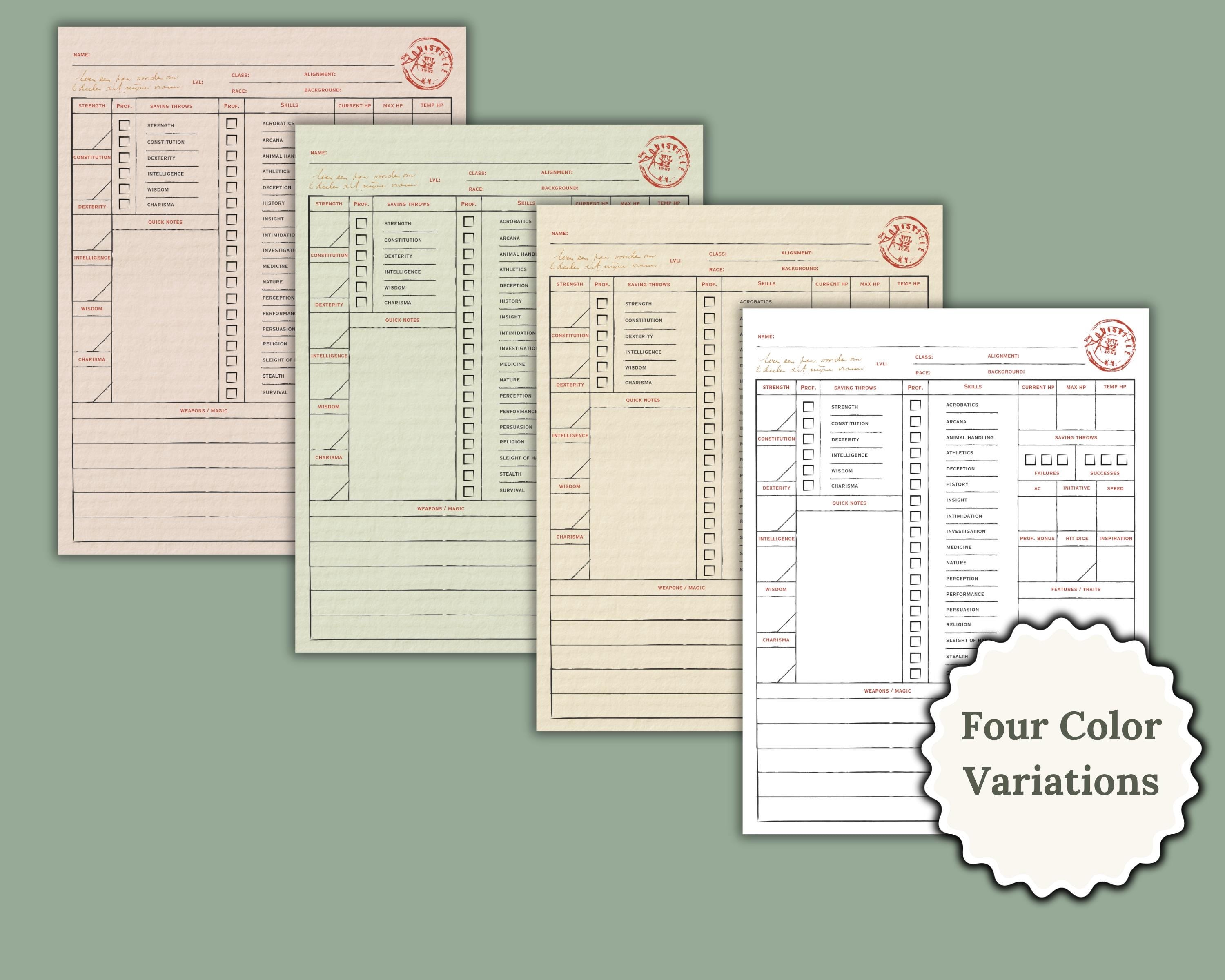 Four color variations for a vintage style dnd character sheet