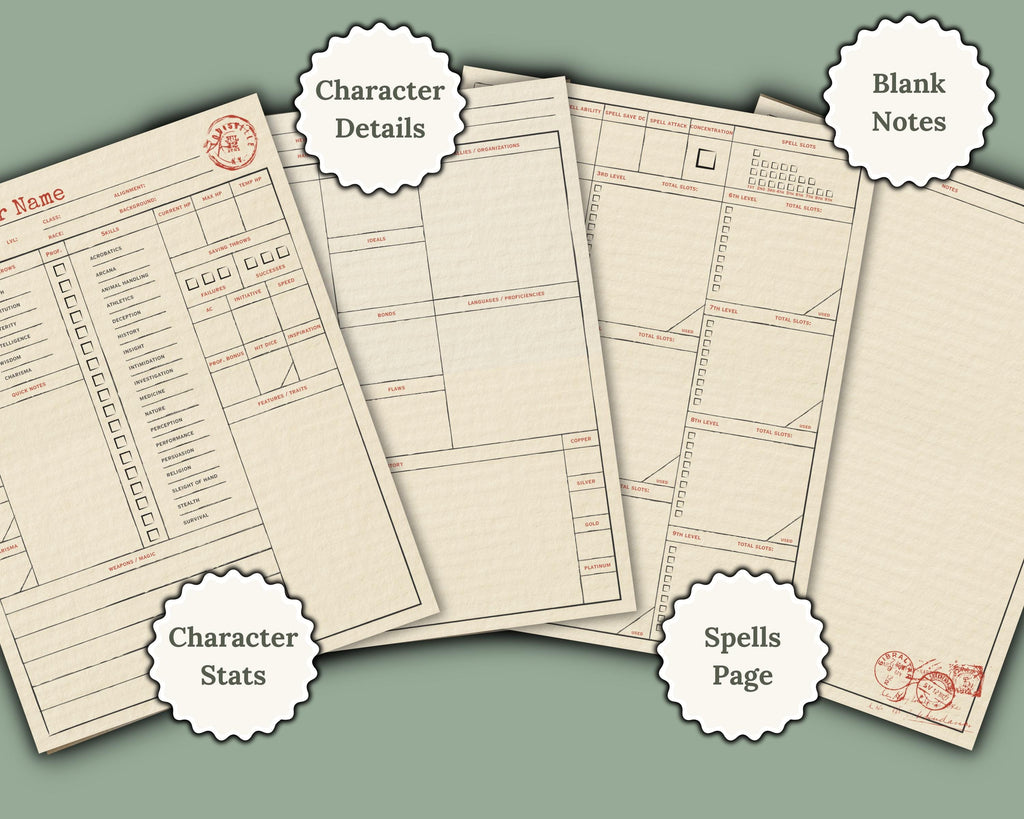 character sheet page previews with page labels