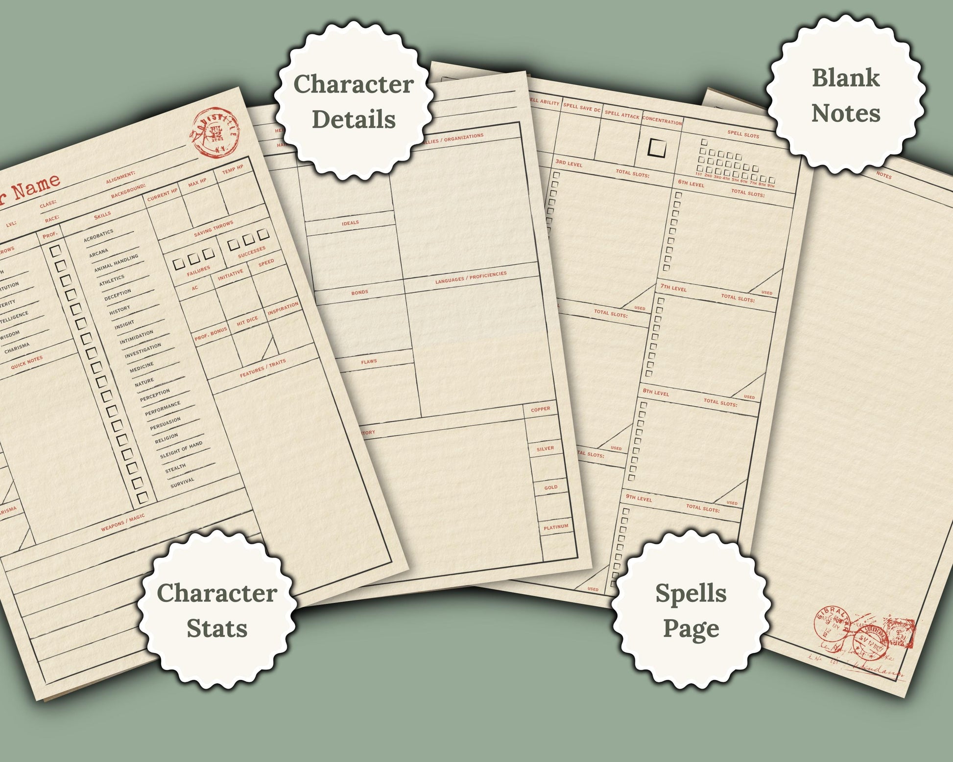 character sheet page previews with page labels