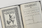 Open dnd notebook with vintage-style illustration on one page and npc stats