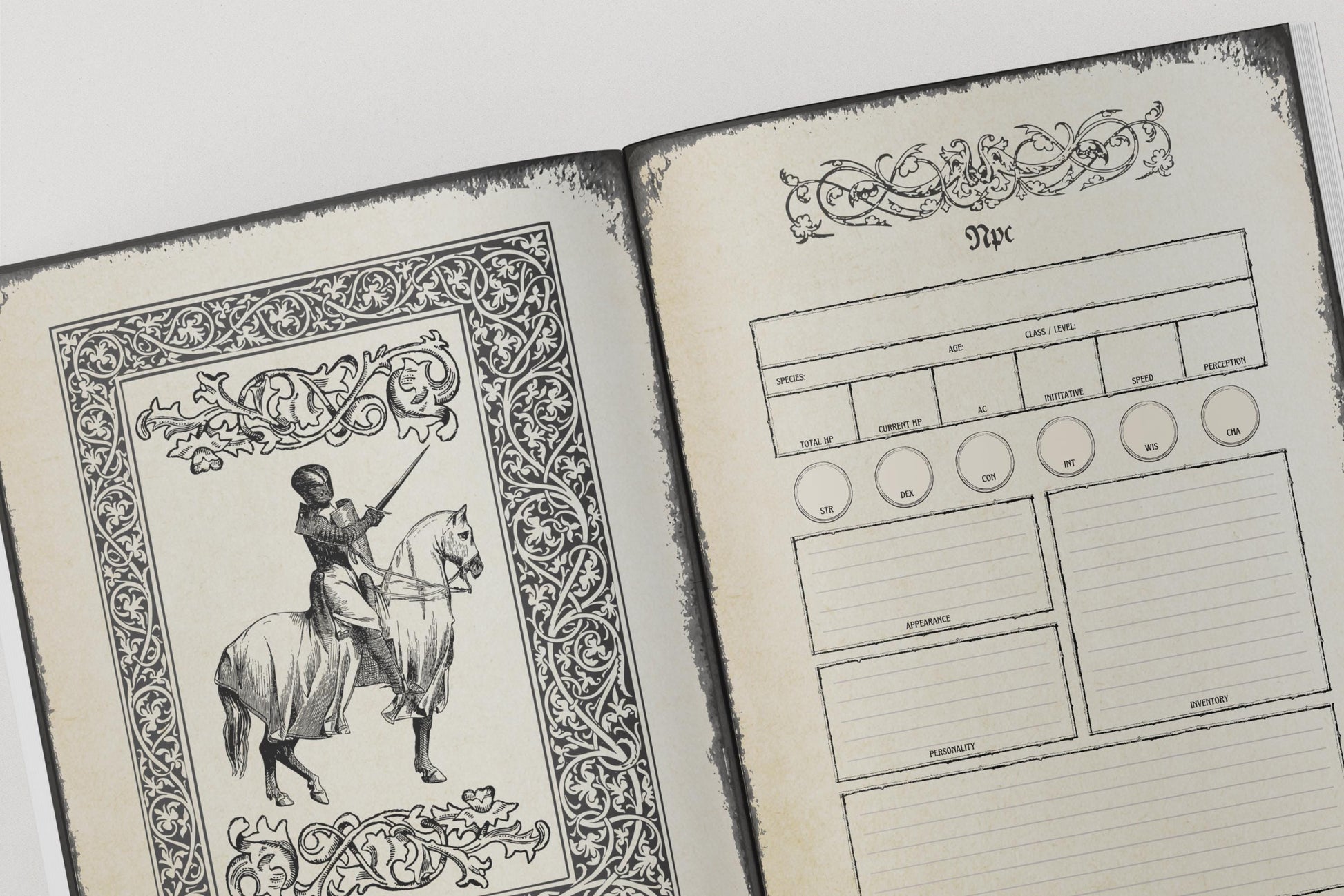 Open dnd notebook with vintage-style illustration on one page and npc stats