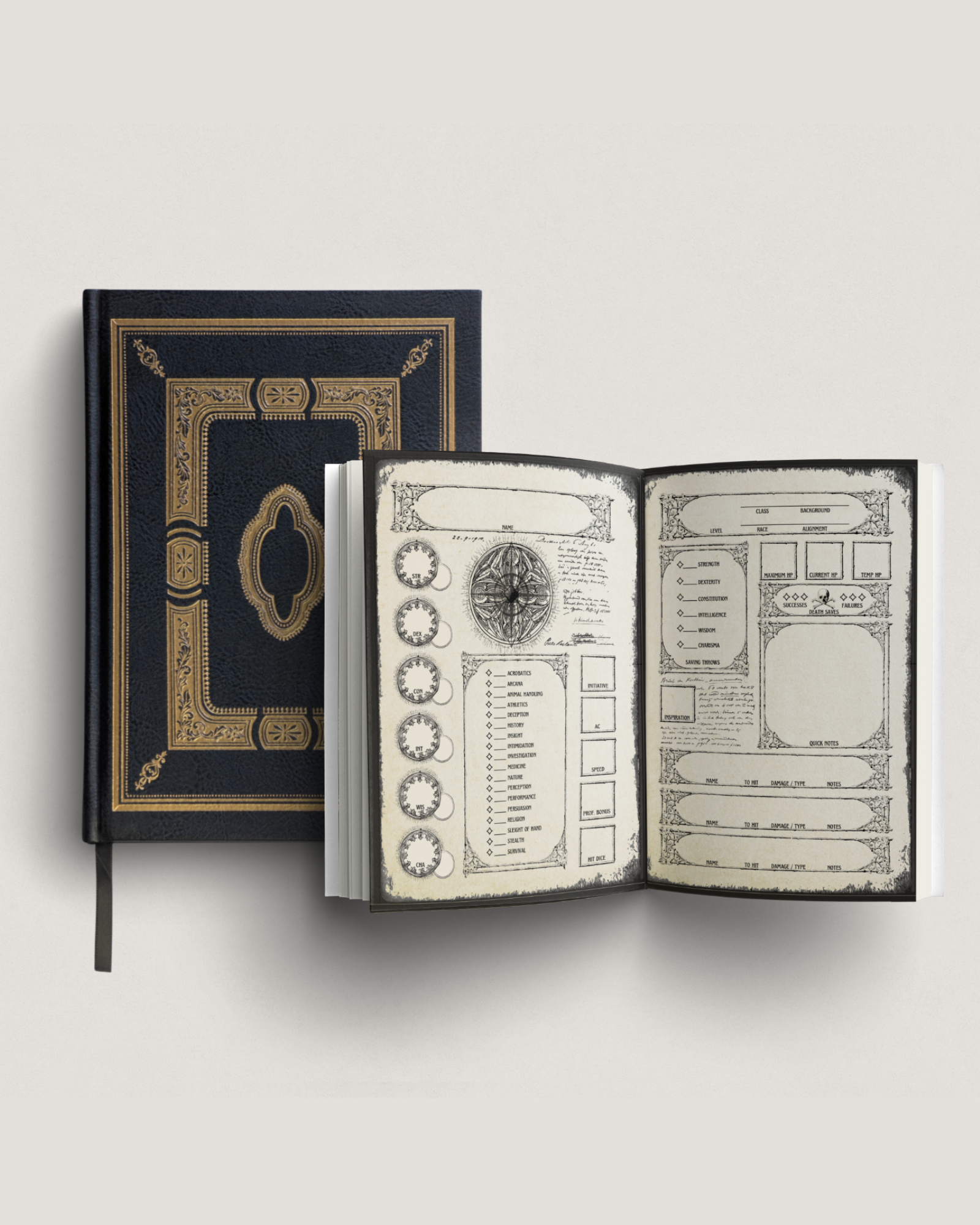 Gothic D&D character journal showing the gold foil hardcover and open character pages